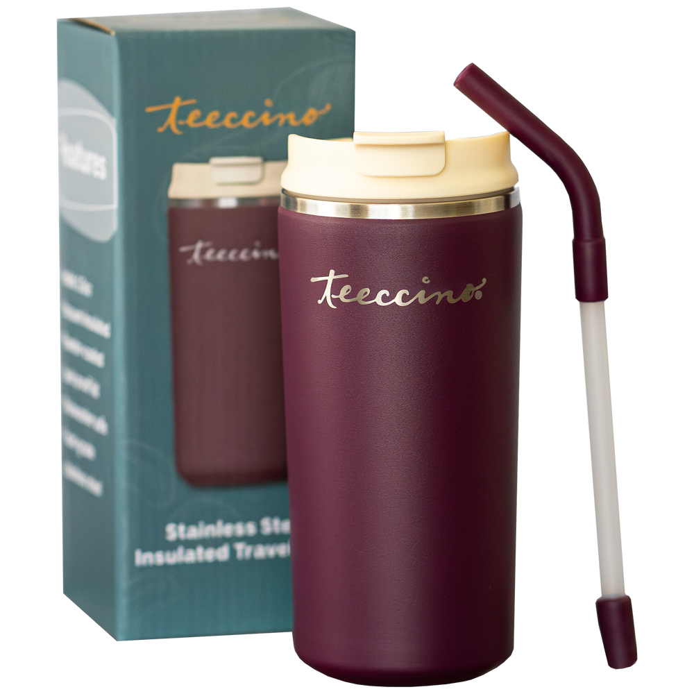 Teeccino stainless steel insulated travel mug shown with the straw visible