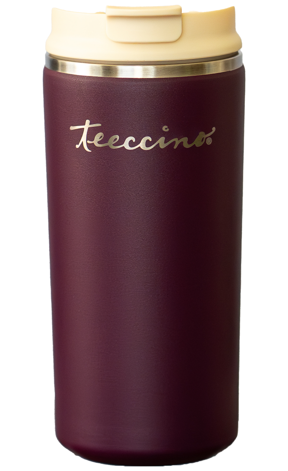 Teeccino stainless steel insulated travel mug shown front facing