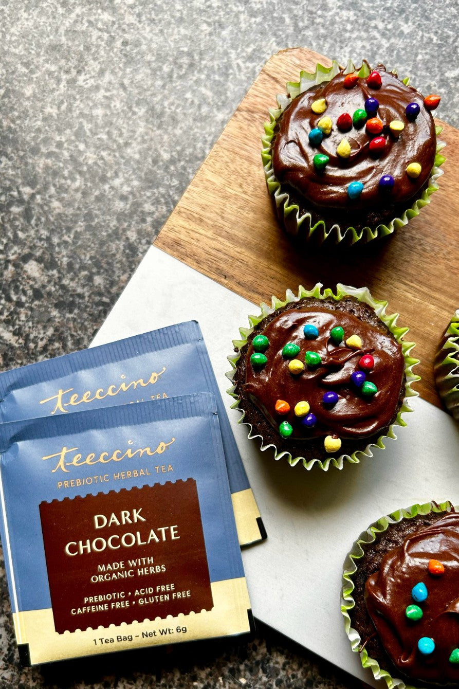 Teeccino Dark Chocolate Cupcakes with Pistachio Cream Filling (Cake Mix Hack)