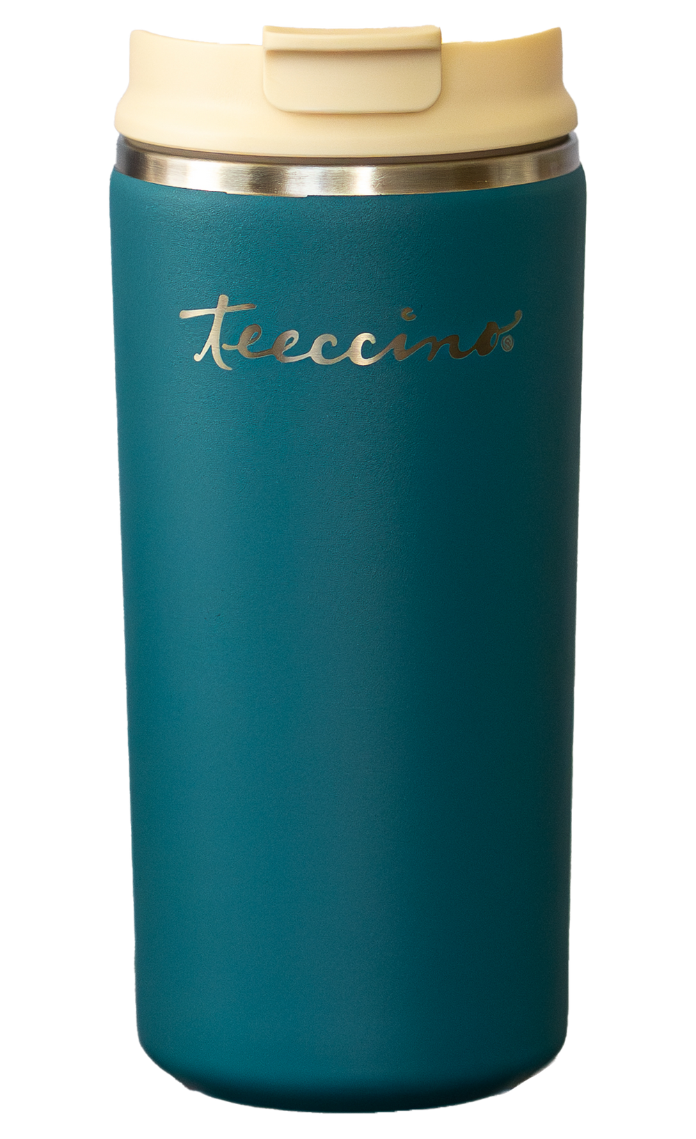 Teeccino stainless steel insulated travel mug shown front facing