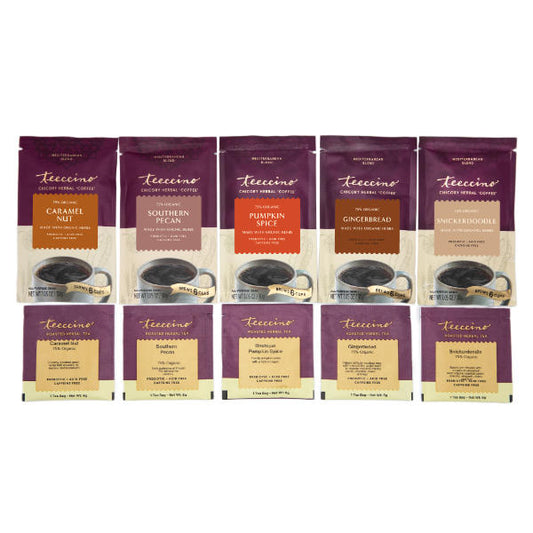 Five large Mediterranean Blend herbal coffee pouches are lined up above five matching single-tea bags. The flavors, from left to right, are Caramel Nut, Southern Pecan, Pumpkin Spice, Gingerbread, and Snickerdoodle. Each maroon and cream pouch features a colorful central label, the Teeccino logo, and an image of a steaming coffee mug at the bottom on a white background.
