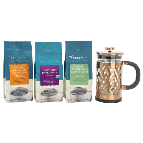 Teeccino Dandelion Herbal Coffee Starter Kit w/French Press